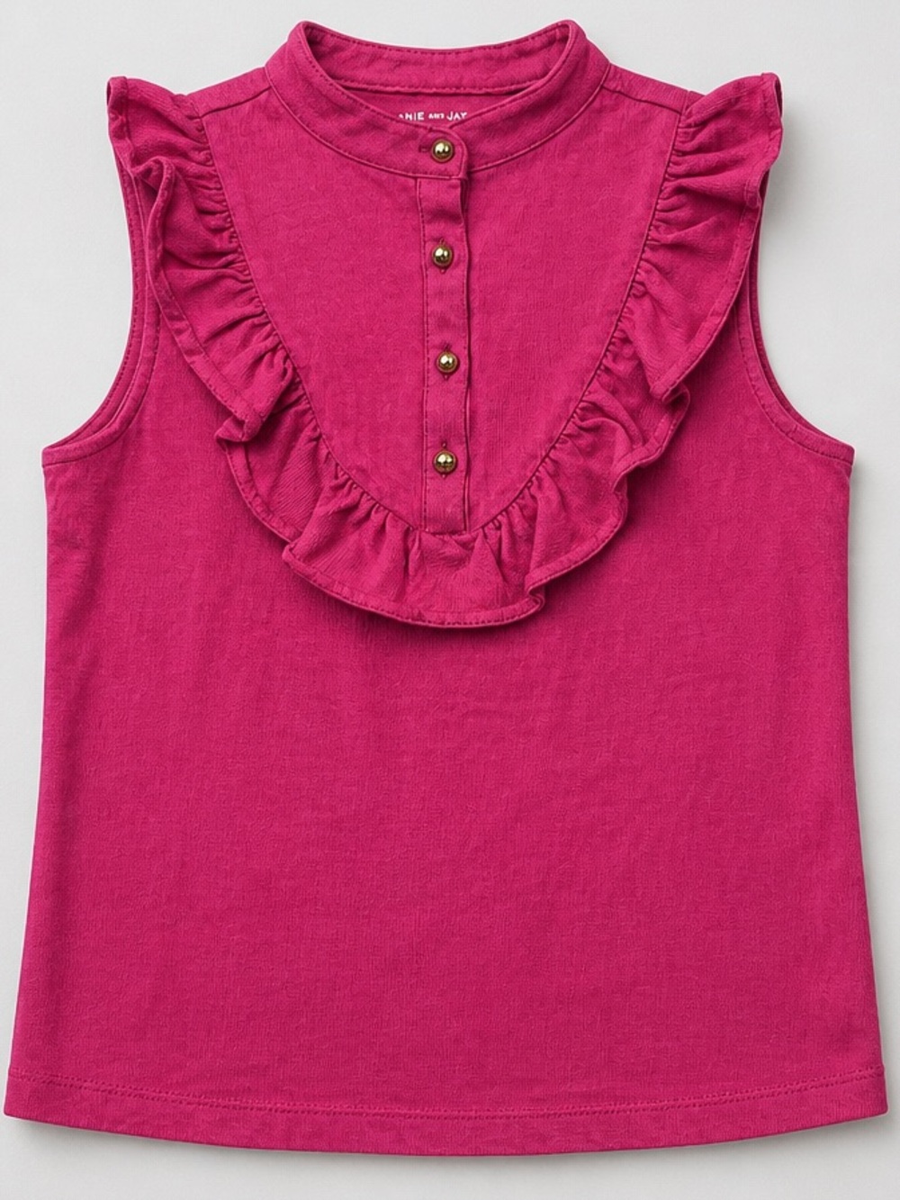 Janie and Jack Ruffled Sleeveless Mock Neck Tank in Fuchsia with gold buttons 12